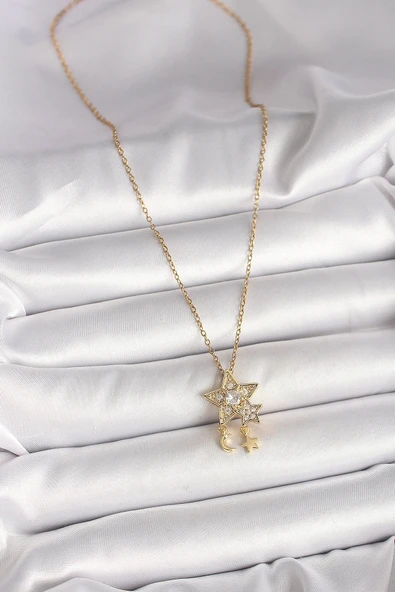 316L Çelik Gold Renk Zincir Zirkon Taşlı Yıldız Model Sallanı Ay Yıldız Detay Kadın Kolye - Resim 2