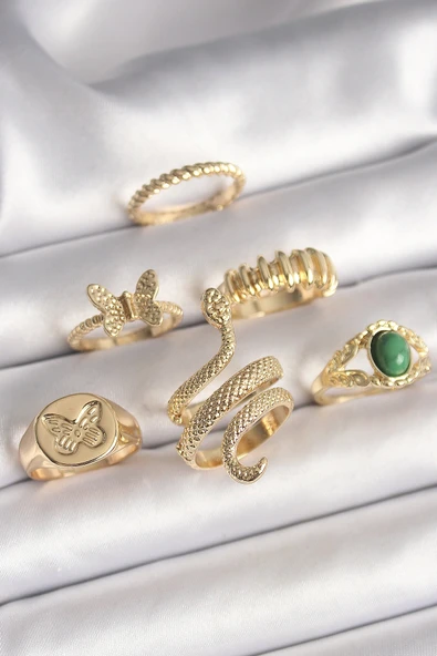 Pirinç Gold Renk İşlemeli Yılan Model Kelebek Detay 6'Lı Kadın Yüzük Seti ürün görseli 1