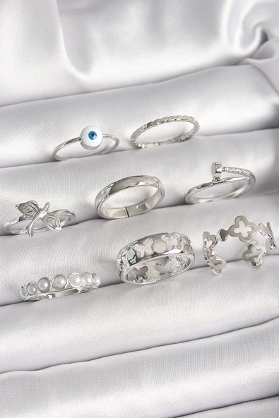 Pirinç Gümüş Renk Nazar Boncuk Detay İncili Kelebek İşlemeli Kadın Yüzük Kombini ürün görseli