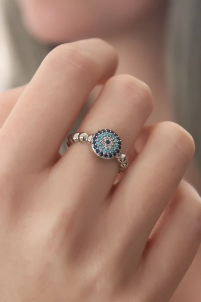 Gümüş Renk Nazar Boncuk Figür Zirkon Taş Detay Kadın Yüzük ürün görseli 1