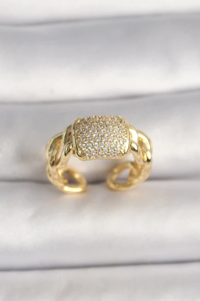 Pirinç Gold Renk Ayarlanabilir Zirkon Taşlı Kadın Yüzük - 1