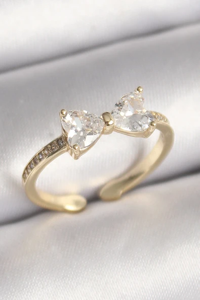 Pirinç Gold Renk Zirkon Taşlı Kalp Fiyonk Model Kadın Yüzük ürün görseli