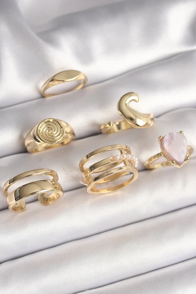 Pirinç Gold Renk Pembe Damla Mineli Sarmal İşleme Detaylı 6'Lı Kadın Yüzük Seti ürün görseli