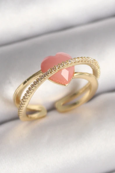 Pirinç Gold Renk Pembe Kristal Kalp Model Zirkon Taş Detaylı Kadın Yüzük ürün görseli