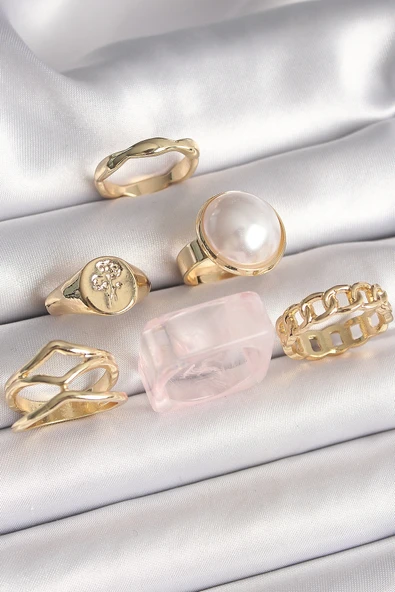 Pirinç Gold Renk Beyaz İncili Zincir Yüzük Figür İşleme Detay 6'Lı Kadın Yüzük Seti ürün görseli 1