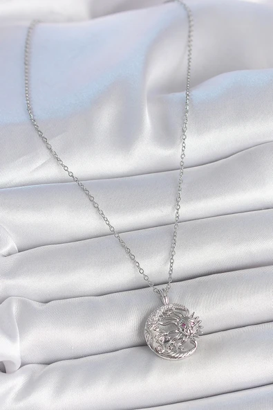 316L Çelik Gümüş Renk Zincir Ay Güneş Model Zirkon Taş Detay Kadın Kolye - Resim 2