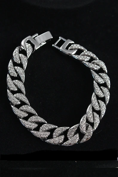 Pirinç Zirkon Taşlı Cuba Gurmet Model Gümüş Renk Erkek Bileklik ürün görseli