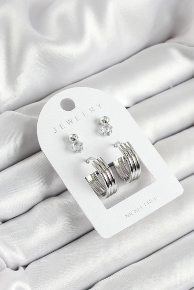 Pirinç Zirkon Taş Ve Halka Figürlü Gümüş Renk 3'lü Çift Kadın Küpe Set ürün görseli