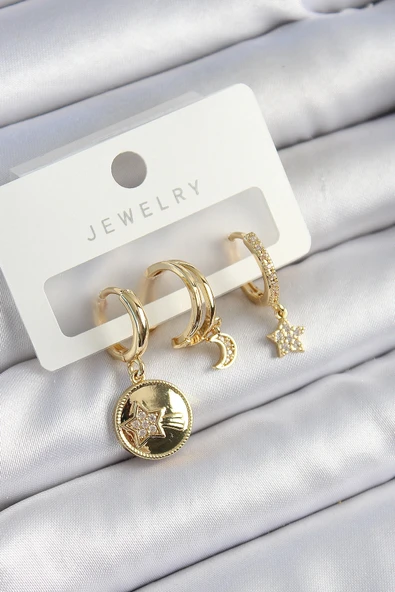 Pirinç Zirkon Taşlı Yıldız Ve Ay Model Gold Renk 3'lü Çift Kadın Küpe Set ürün görseli 1