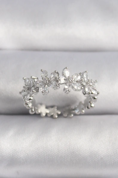 Pirinç Gümüş Renk Zirkon Taşlı Çiçek Model VIP Seri Kadın Yüzük ürün görseli 1