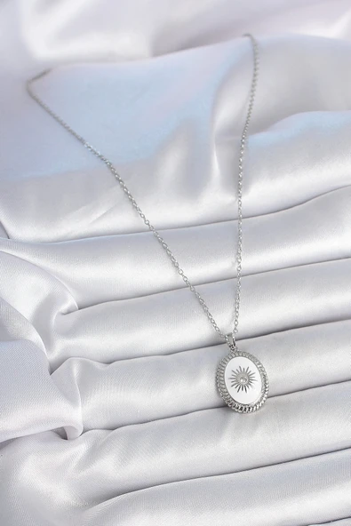 316L Çelik Gümüş Renk Beyaz Mineli Güneş İşlemeli Nazar Boncuk Detay Madalyon Model Kadın Kolye - Resim 2
