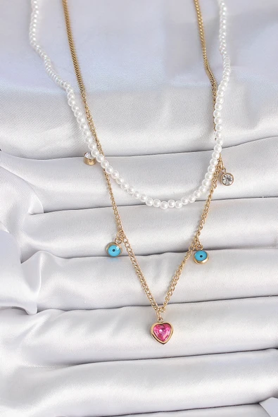 316L Çelik Gold Renk 2'Li İnci Zincir Model Pembe Taşlı Kalp Figür Nazar Boncuk Detay Kadın Kolye - Resim 2