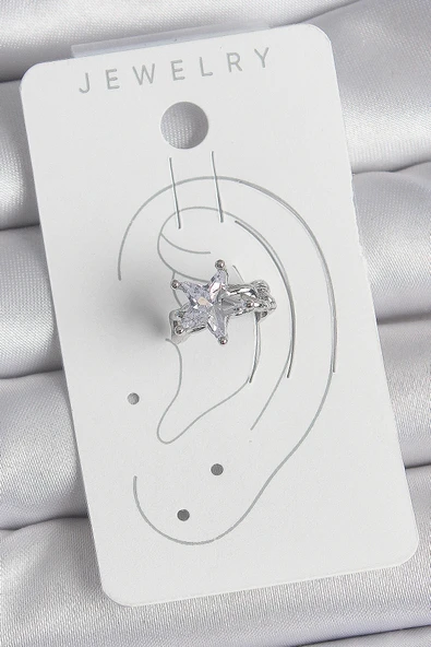 Pirinç Gümüş Renk Zirkon Taşlı Yıldız Model Kadın Kıkırdak Küpe - Resim 2