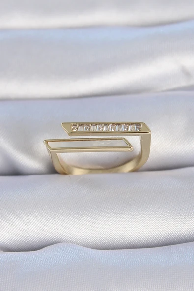 Pirinç Gold Renk Zirkon Taşlı Beyaz Sedef Detay Kadın Yüzük ürün görseli 1