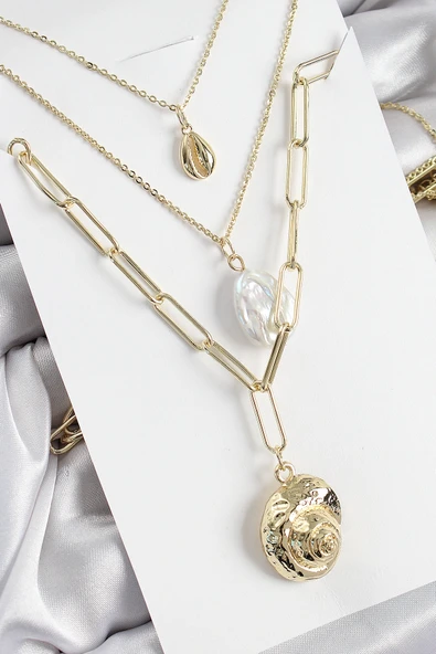 Pirinç Çoklu Zincirli İncili Deniz Kabuğu Model Gold Renk Kadın Kolye ürün görseli