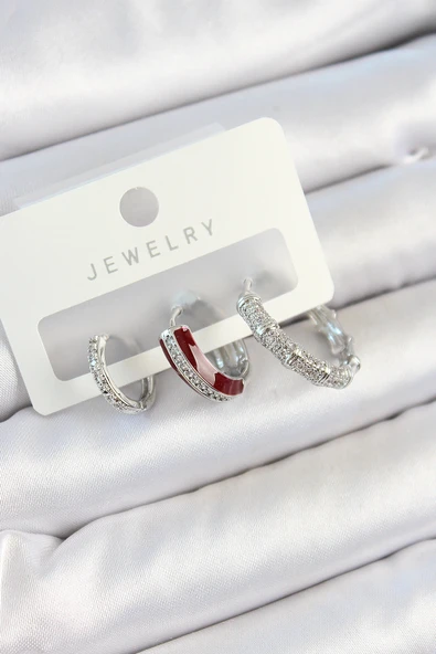 Pirinç Zirkon Taşlı Bordo Pembe Halka Model Gümüş Renk 3'lü Çift Kadın Küpe Set ürün görseli