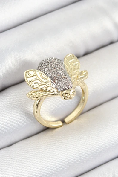 Pirinç Zirkon Taşlı Arı Model Gümüş Ve Gold Renk Kadın Yüzük ürün görseli 1