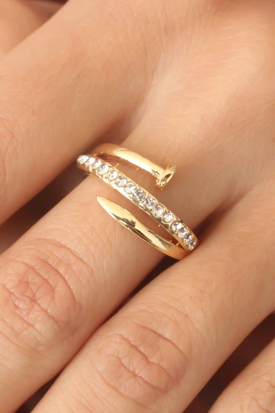 Gold Renk Taşlı Çivi Ayarlanabilir Kadın Yüzük ürün görseli