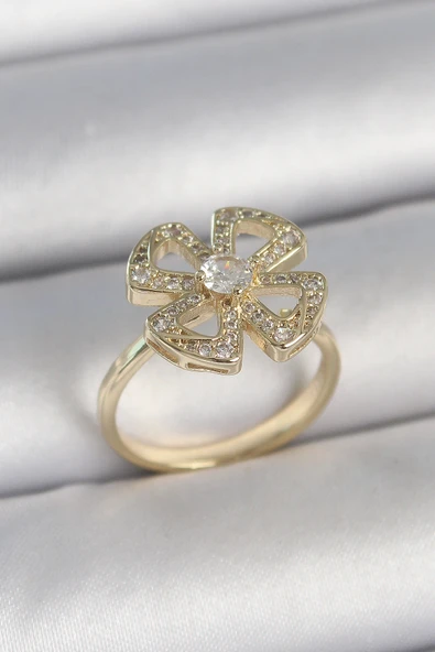 Pirinç Gold Renk Zirkon Taşlı Yonca Model Ayarlanabilir Kadın Yüzük
