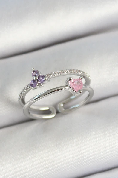 Pirinç Kalp Ve Çiçek Figürlü Zirkon Taşlı Gümüş Renk Ayarlanabilir Kadın Yüzük ürün görseli