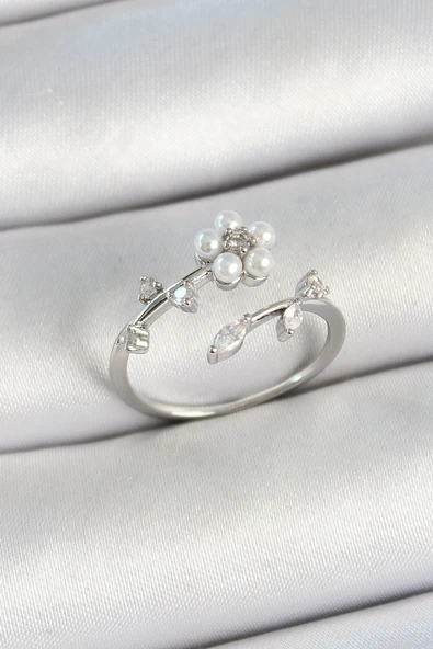 Pirinç İnci Detaylı Papatya Figürlü Zirkon Taşlı Gümüş Renk Ayarlanabilir Kadın Yüzük ürün görseli 1