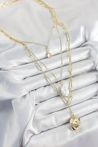 Pirinç Çoklu Zincirli İncili Deniz Kabuğu Model Gold Renk Kadın Kolye - Resim 3