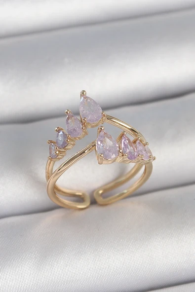 Pirinç Gold Renk Mor Damla Zirkon Taşlı Taç Model Kadın Yüzük ürün görseli 1