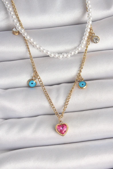 316L Çelik Gold Renk 2'Li İnci Zincir Model Pembe Taşlı Kalp Figür Nazar Boncuk Detay Kadın Kolye ürün görseli
