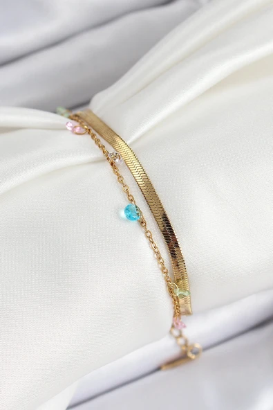 316L Çelik Gold Renk Karışık Renkli Kristal Taşlı 2'li Kadın Bileklik - Resim 2