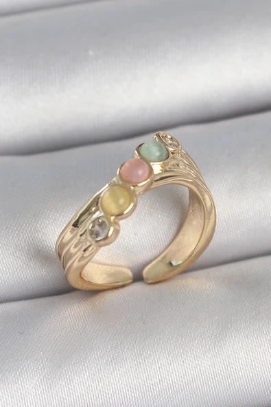 Pirinç Gold Renk Zirkon Taş Detaylı Karışık Mineli Ayarlanabilir Kadın Yüzük ürün görseli 1