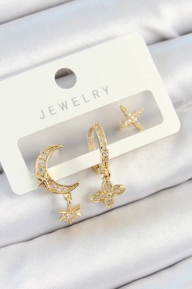 Pirinç Zirkon Taşlı Çiçek Ve Ay Model Gold Renk 3'lü Çift Kadın Küpe Set ürün görseli 1