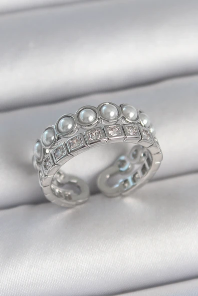 Pirinç Gümüş Renk 2'Li Sıra Zirkon Taşlı Ve İncili Ayarlanabilir Kadın Yüzük ürün görseli 1