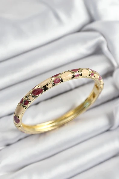 Mineli Pirinç Fuşya Ve Krem Petek Motifli Gold Renk Kadın Kelepçe ürün görseli