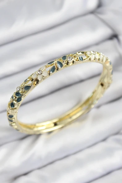 Mineli Pirinç Zirkon Taşlı Yeşil Krem Çiçek Motifli Gold Kadın Kelepçe - 1