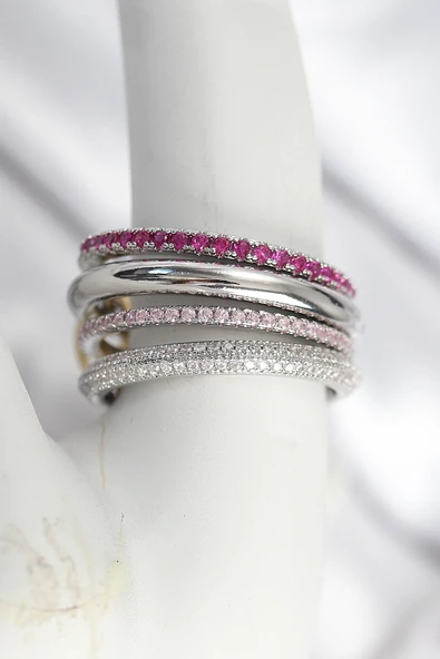 Pirinç Gümüş Renk Zirkon Taşlı 4'Lü Kadın Yüzük ürün görseli 1