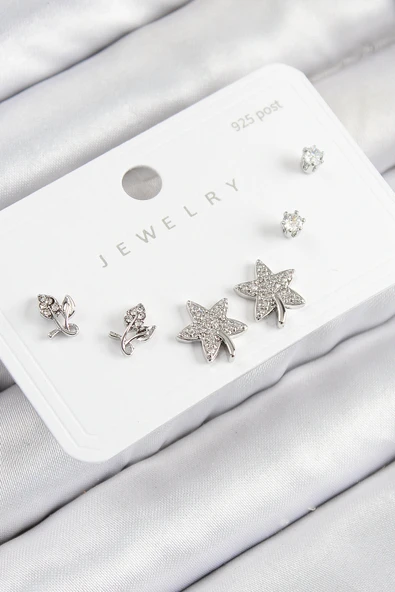 Pirinç Zirkon Taşlı Yıldız Ve Gül Model Gümüş Renk 925 Ayar Gümüş Çivi Kadın Küpe Set ürün görseli