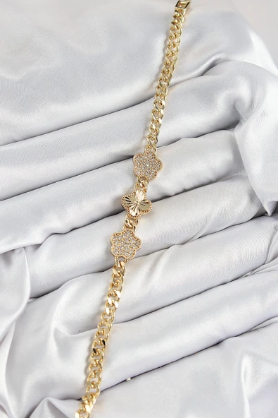 Pirinç Zirkon Taşlı Yonca Model Gold Renk Kadın Bileklik - Resim 2