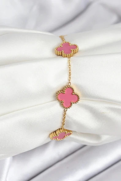 316L Çelik Gold Zincir Pembe Yonca Renk Bileklik ürün görseli