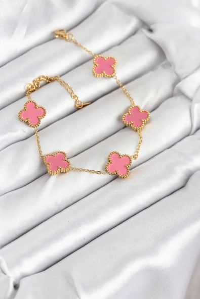 316L Çelik Gold Zincir Pembe Yonca Renk Bileklik - Resim 2