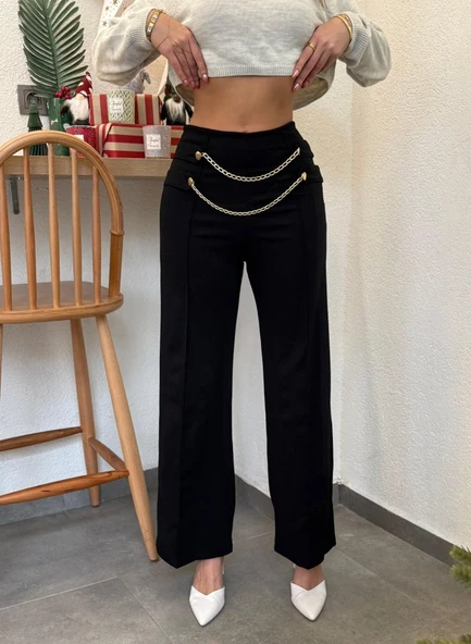 Kadın Beli Zincir Detay Ithal Krep Pantolon - Resim 3