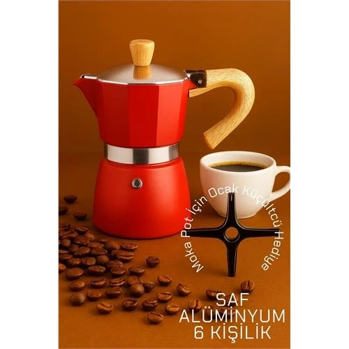Italyan Moka Pot - 6061 Saf Alüminyum  Ahşap Saplı - 6 kişilik KIRMIZI