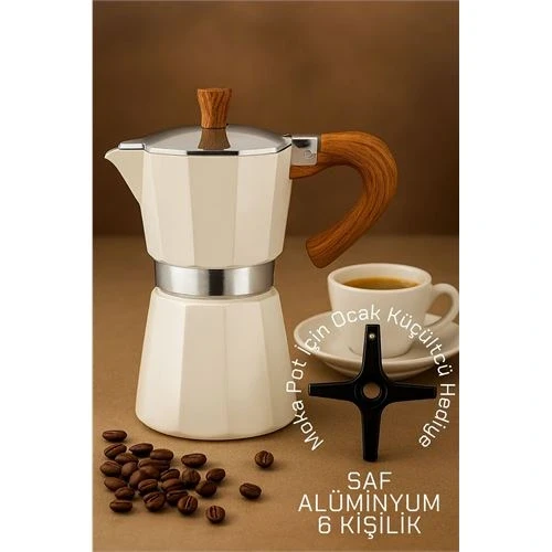 Italyan Moka Pot - 6061 Saf Alüminyum  Ahşap Saplı - 6 kişilik KREM - 2