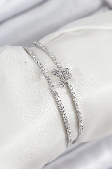 Pirinç Zirkon Taşlı Kelebek Model Gümüş Renk Kadın Bileklik ürün görseli