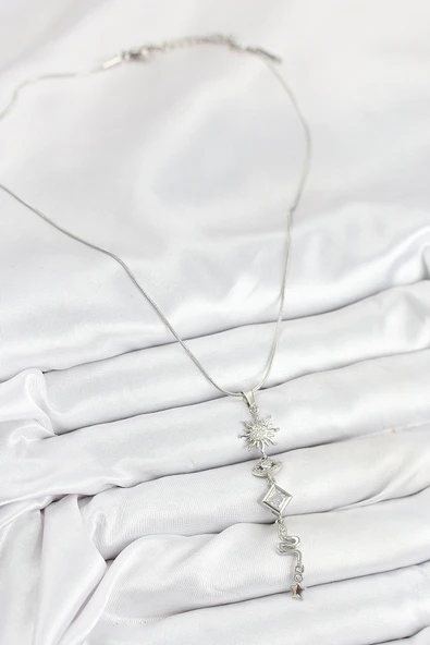 316L Çelik Zirkon Taşlı Güneş Ve Ay Enerji Model Gümüş Renk Kadın Kolye - Resim 2