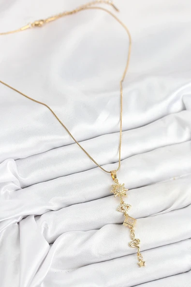 316L Çelik Zirkon Taşlı Güneş Ve Ay Enerji Model Gold Renk Kadın Kolye - Resim 2