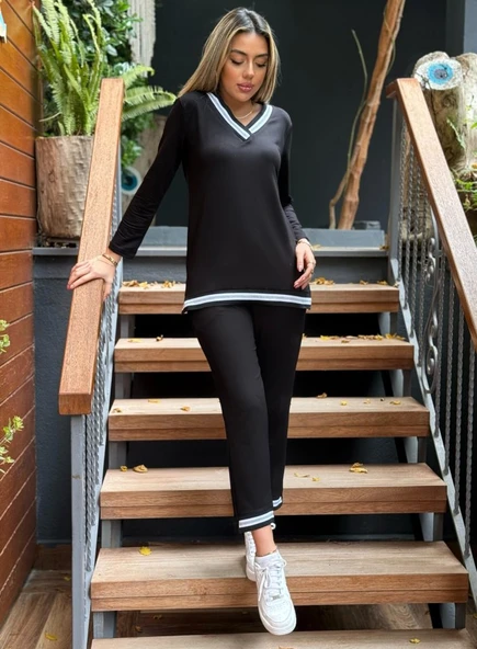 Kadın Uzun Kollu V Yakalı şerit Detay Alt Ve üst Viskon Iki Iplik Detay Ikili Takım - 7