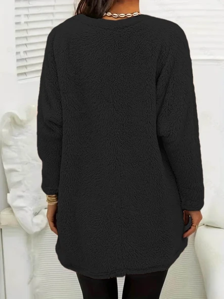 Kadın Uzun Kollu Yuvarlak Yakalı Cepli Peluş Bluz - 2