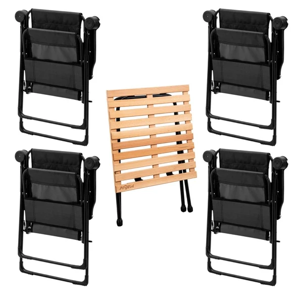 4 Adet Katlanır Kamp Sandalyesi ve Masa Seti - Rest - Siyah - 130 KG Taşıma - Resim 2