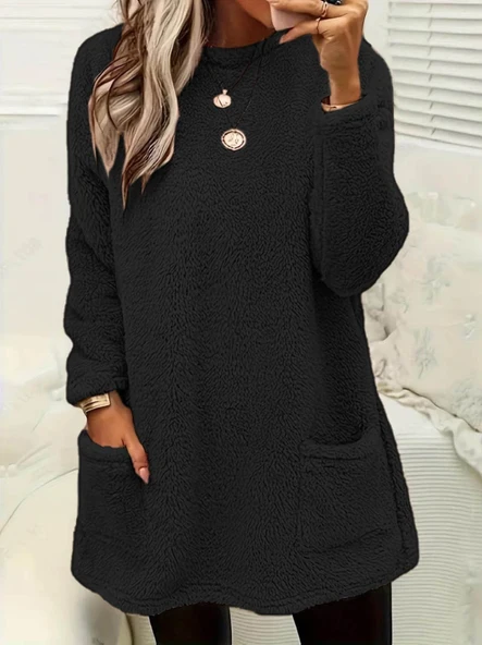 Kadın Uzun Kollu Yuvarlak Yakalı Cepli Peluş Bluz - 3