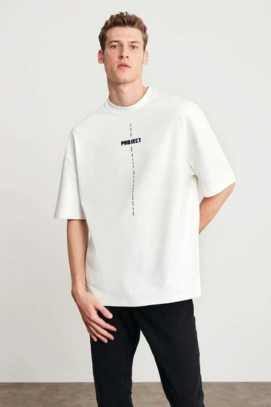 Unisex Baskılı Oversize T-Shirt - Beyaz